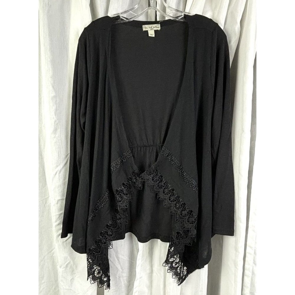 Live And Let Live Open Front Cardigan Black Lace Women's 1X Plus Waterfall EUC